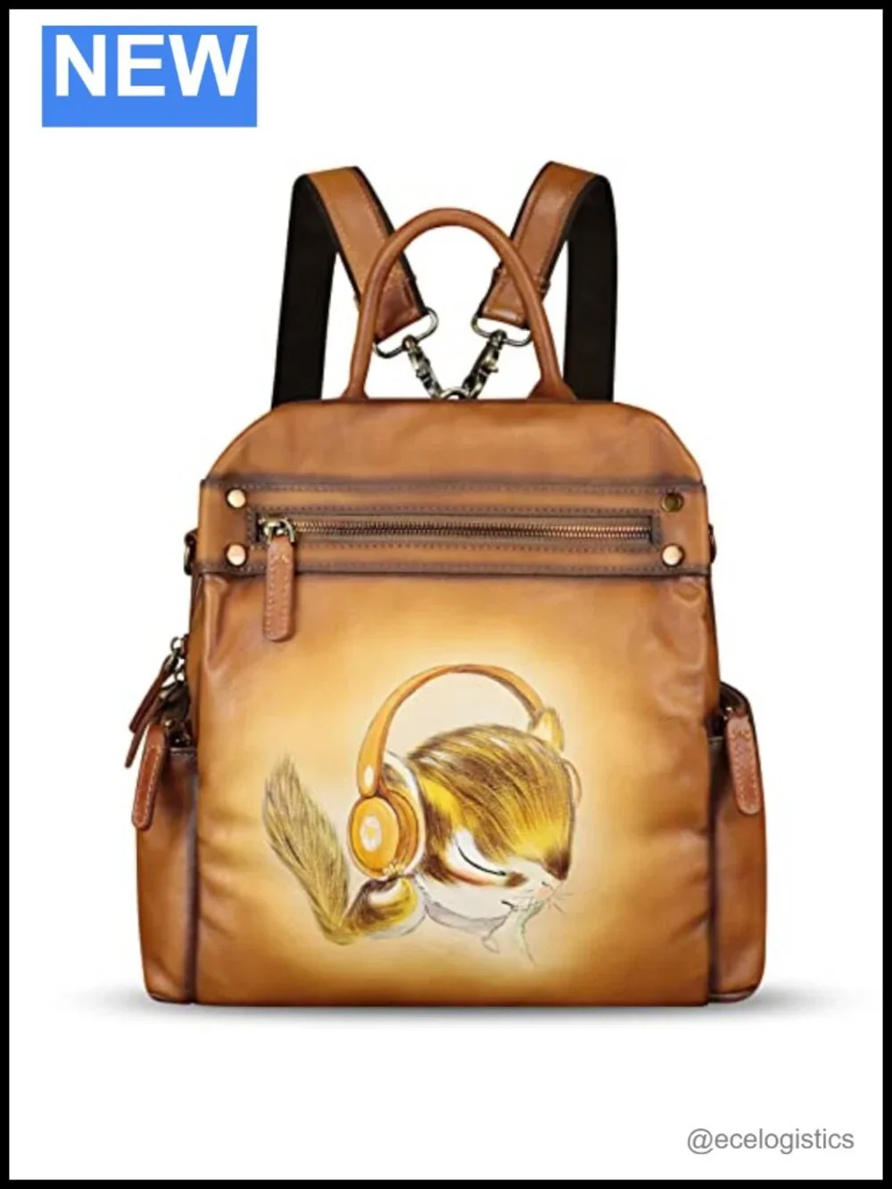 Genuine Leather Backpack for Women Hand Painted Knapsack Purse Handmade Rucksack